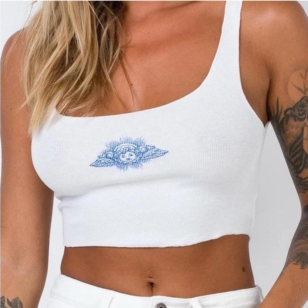 Princess Polly Angel Kiss Ribbed Cropped Tank US Size 4 White With Blue Print